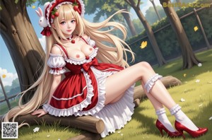 A woman in a red and white dress sitting on a bed.