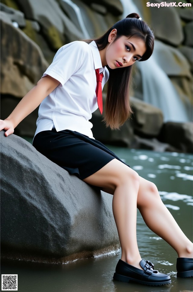 A woman sitting on a rock in front of a waterfall.