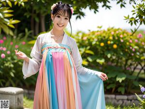 A woman in a pink and blue hanbok standing in a garden.