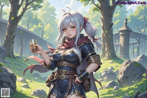 A woman in a bikini holding a sword in a forest.