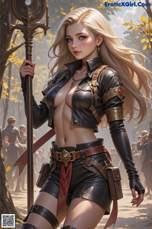 A woman in a leather outfit holding a staff in a forest.