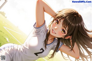 A woman in a green and white shirt and black shorts.