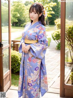 A woman in a blue kimono sitting on a wooden bench.