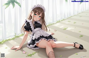 A woman in a maid outfit is sitting on a couch.