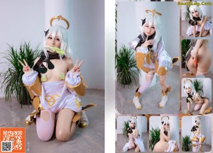 A woman in a costume is sitting on the ground.