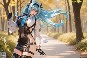 A woman with long blue hair standing in the woods.