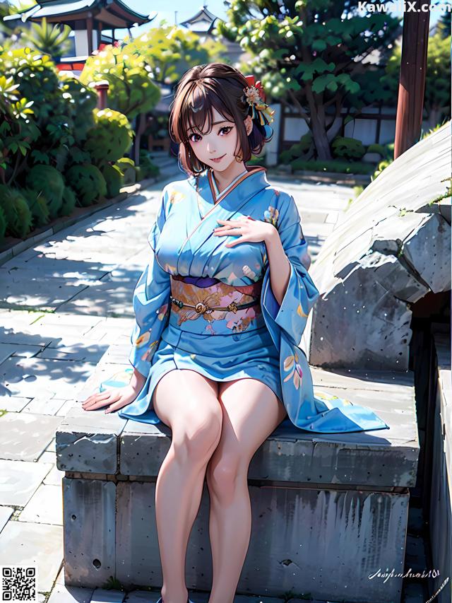 A woman in a blue kimono sitting on a stone wall.