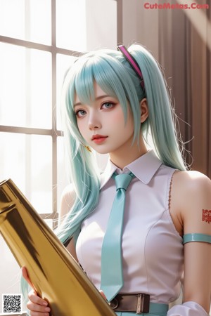 A girl with long green hair wearing a white dress and green tie.