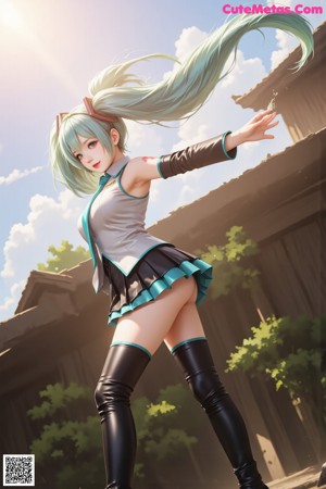 A woman with long blue hair standing in front of a window.