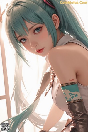 Anime girl with long blonde hair wearing a green and brown outfit.
