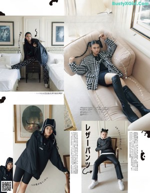 A woman in a black leather jacket and skirt posing for a magazine.