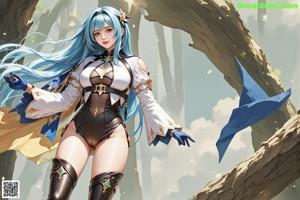 A woman with long blue hair wearing a white and black outfit.