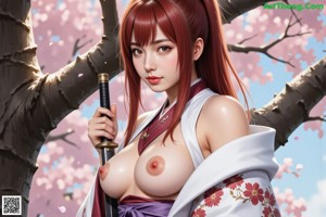 A woman in traditional attire holds a sword, standing amidst cherry blossoms.