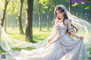 A woman in a wedding dress standing in the woods.