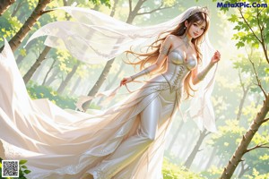 A woman in a wedding dress is walking through the woods.