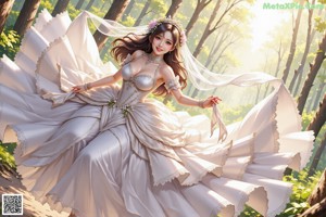 A woman in a wedding dress standing in the woods.