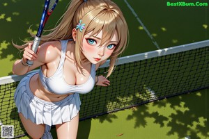 A woman in a sports bra top and skirt holding a tennis racket.