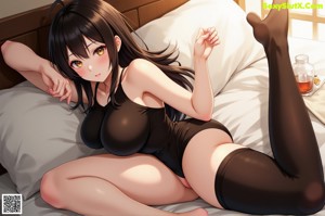 A woman in a black lingerie sitting on a bed.