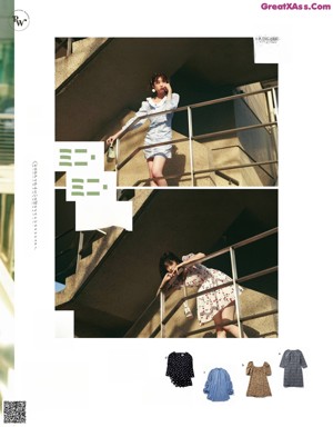 A magazine spread with a woman wearing a skirt and a sweater.