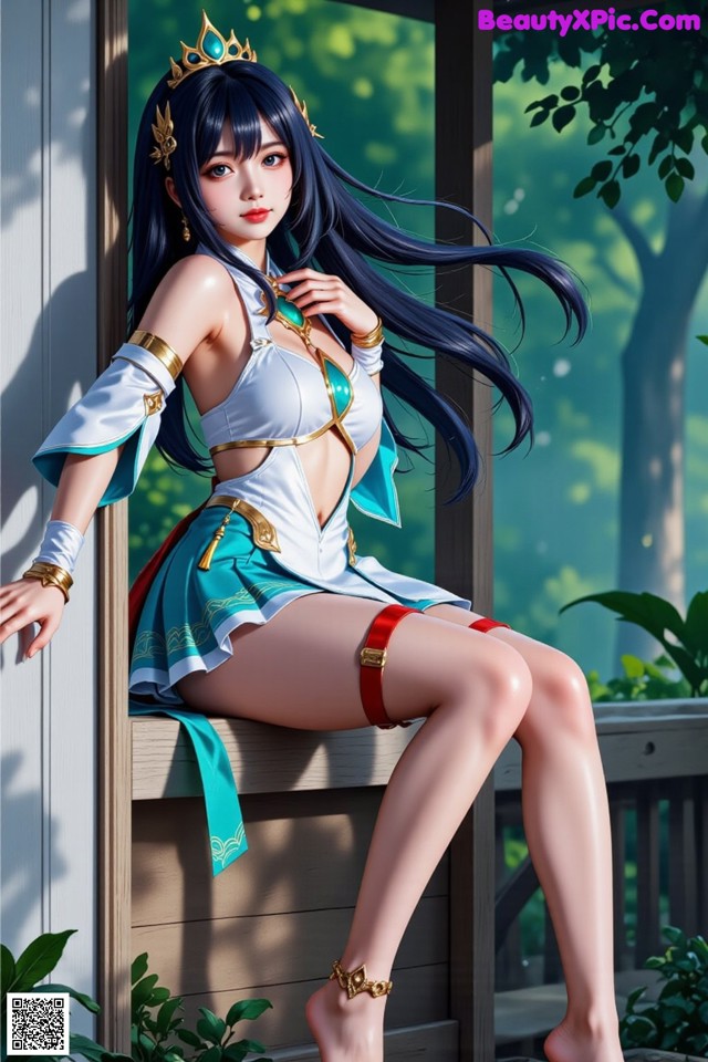 Hentai - Under the Radiance of Celestial Grace Set.1 20250106 Part 15 No.19e432 A woman in a blue and white outfit sitting on a wooden bench.