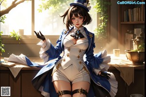 Anime girl in a blue and white outfit posing for a picture.