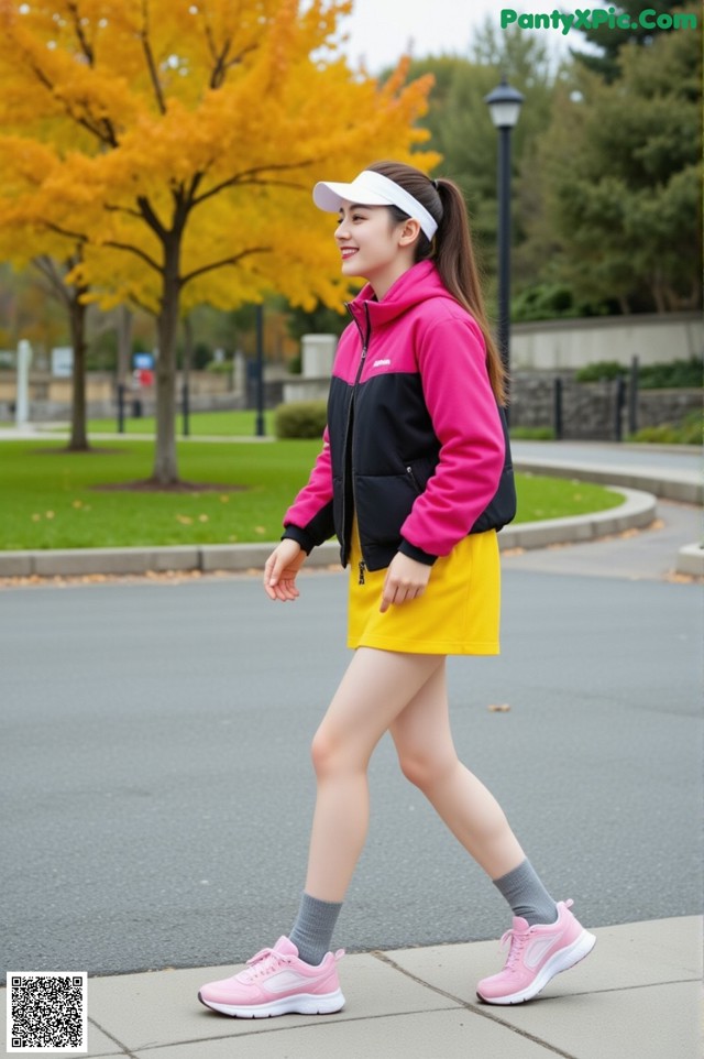 A woman in a pink jacket and yellow skirt is walking down the street.