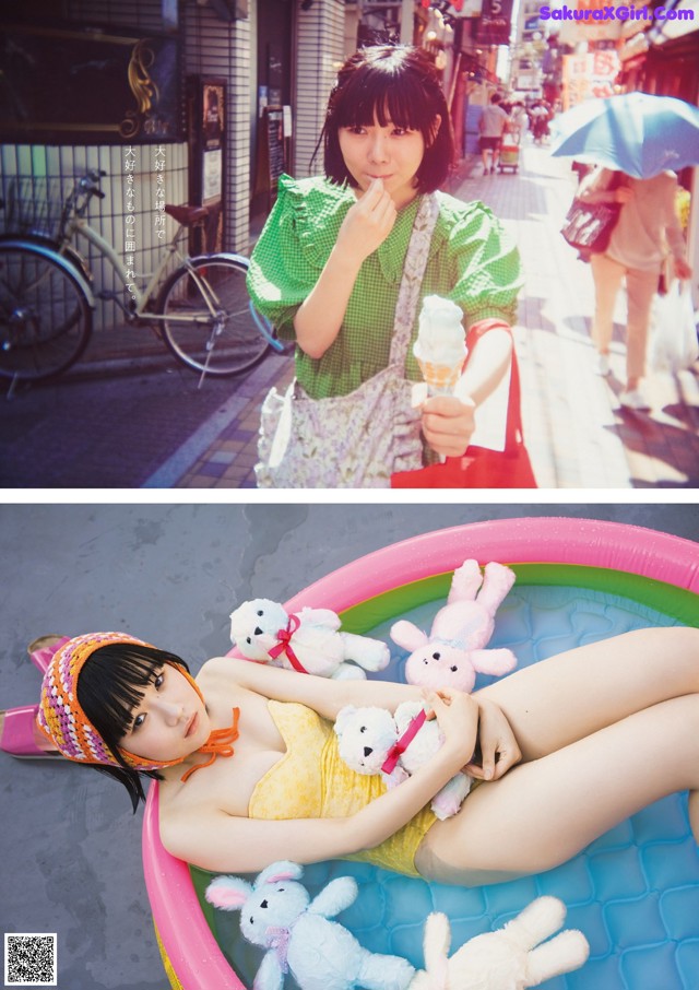 A woman sitting in an inflatable pool with stuffed animals.