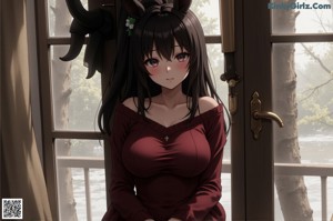 A girl in a school uniform with a cat ears on her head.