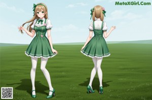 A woman in a green dress and stockings posing for a picture.