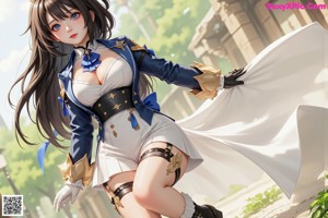 A woman in a blue and white outfit holding a sword.