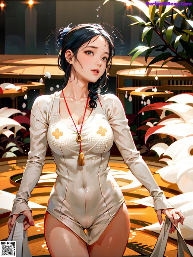 A woman in a white bodysuit standing in a room.