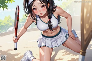 A woman in a bikini holding a tennis racket.