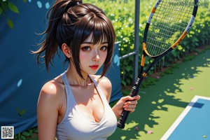 A woman in a bikini holding a tennis racket.