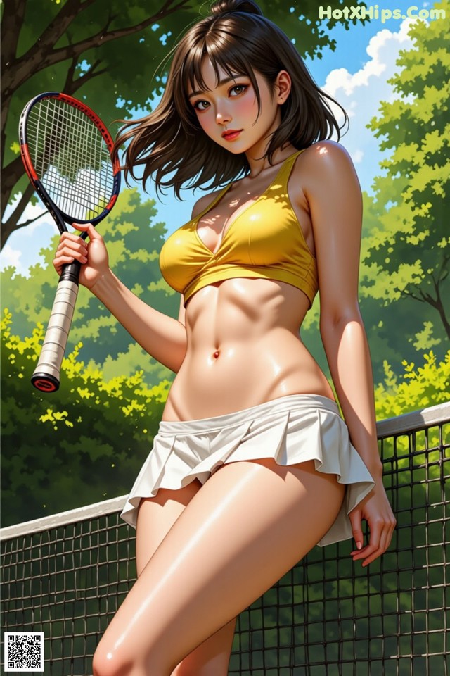 A woman in a bikini holding a tennis racket.