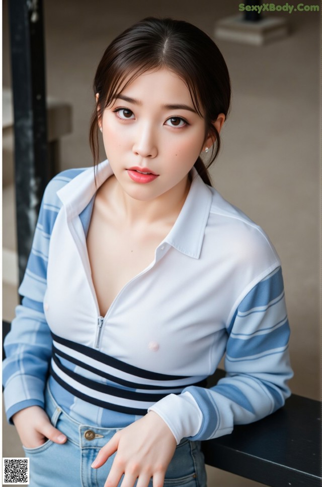 a woman in a blue and white shirt posing for a picture