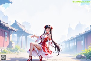 A woman in a red and white dress standing on a roof.