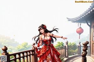 A woman in a red and white dress standing on a roof.