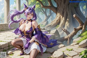 A woman in a purple dress leaning against a tree.