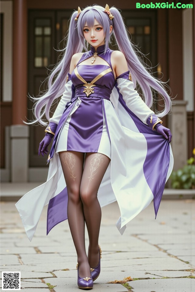 A woman in a purple and white dress is walking down the street.