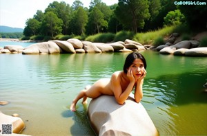 A woman in a black bikini standing next to a wooden bench.