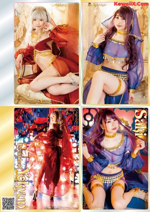 A group of four pictures of a woman in a costume.