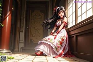 A woman in a red and white dress sitting on a bed.