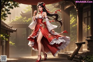 A woman in a white and red dress posing for a picture.