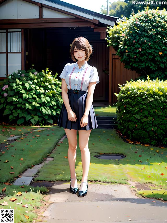 A woman in a school uniform standing in front of a house.