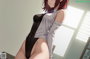 Anime girl with big tits sitting on a bed.