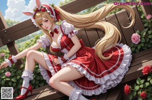 A woman in a red and white dress sitting on a bed.