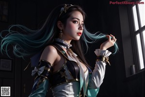 A woman with long blue hair standing in a room.