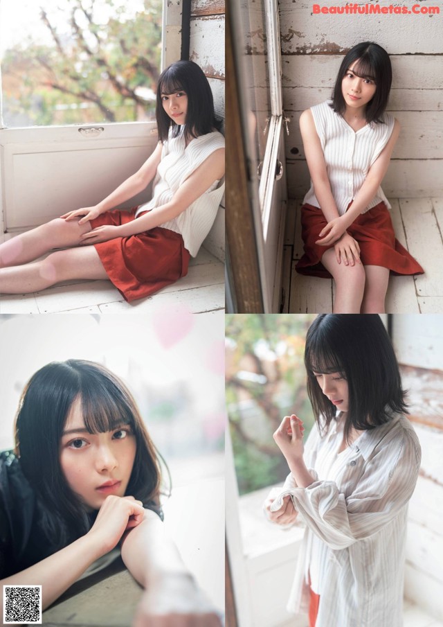 A woman sitting on a window sill in a white shirt and red skirt.