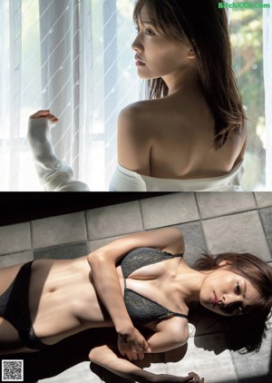 A woman in a white bra sitting on a bed.