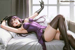 Anime girl with long purple hair sitting on the floor.